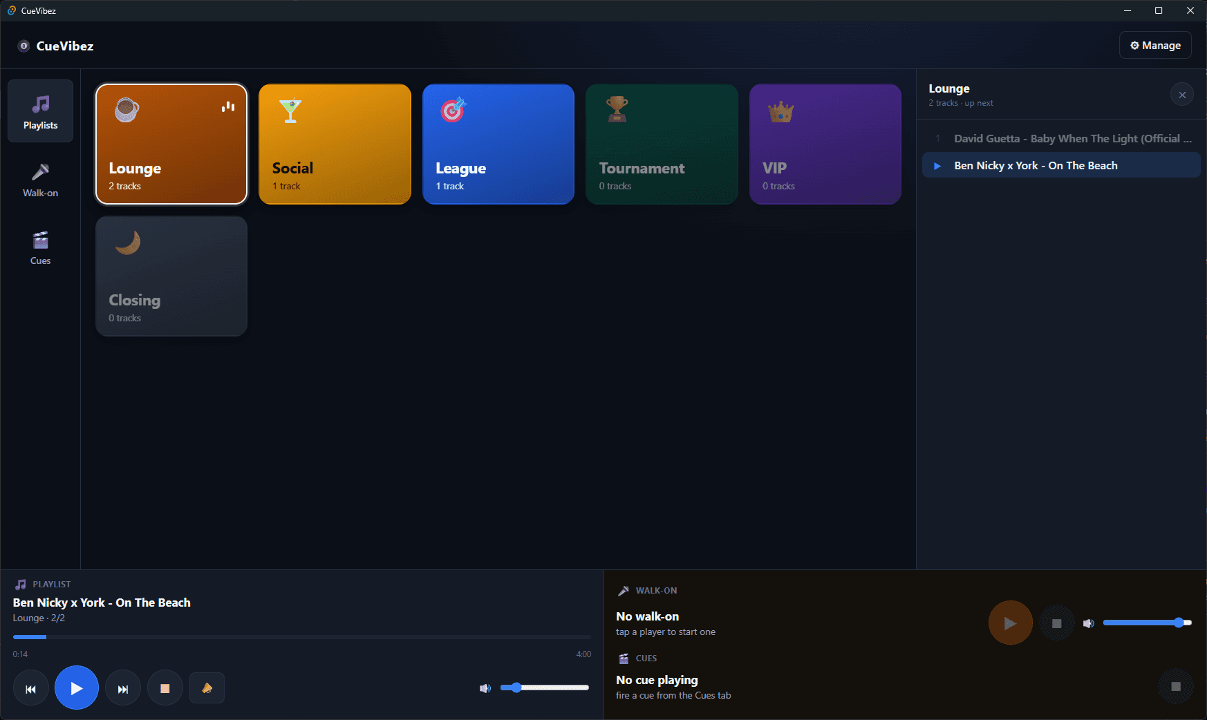 The CueVibez desktop app showing colour-coded scene playlists, a now-playing queue, walk-on and cue decks.